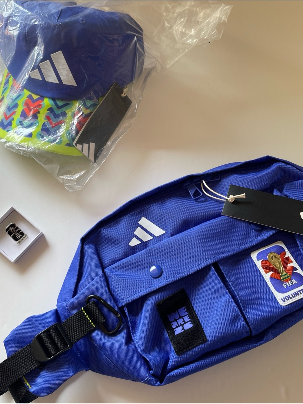 adidas Waist Pack with FIFA Volunteer Patch pin & new hat bundle